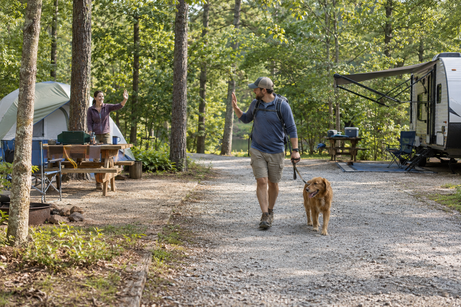 Quiet campground loop with tents and neighboring campsites