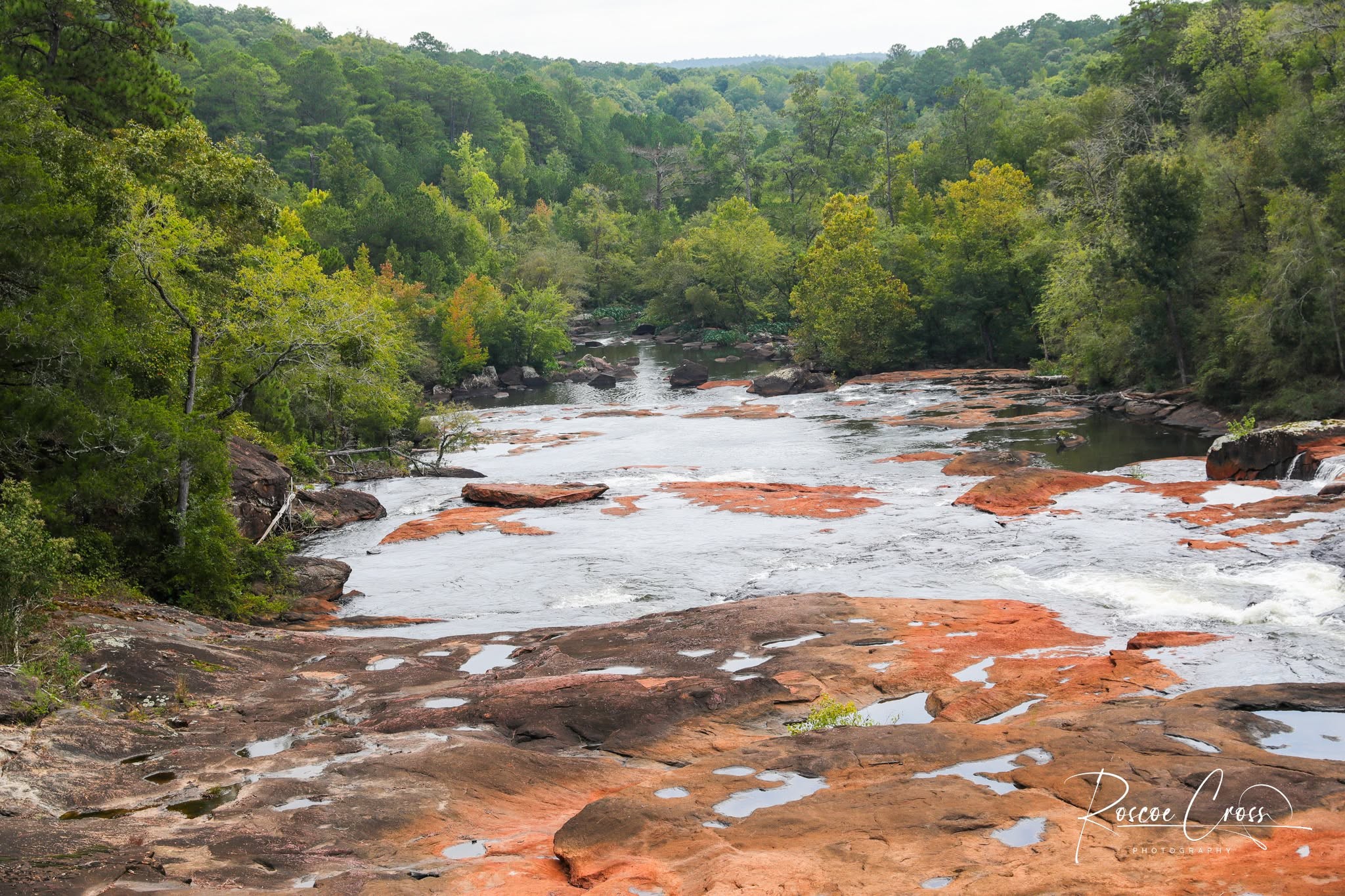 Rocky shoals and flowing water at High Falls State Park in Georgia