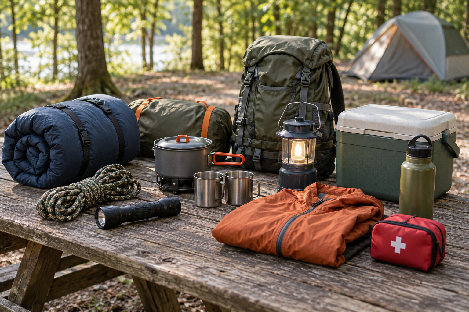 Camping supplies including lantern, cookware, cooler, and packed gear