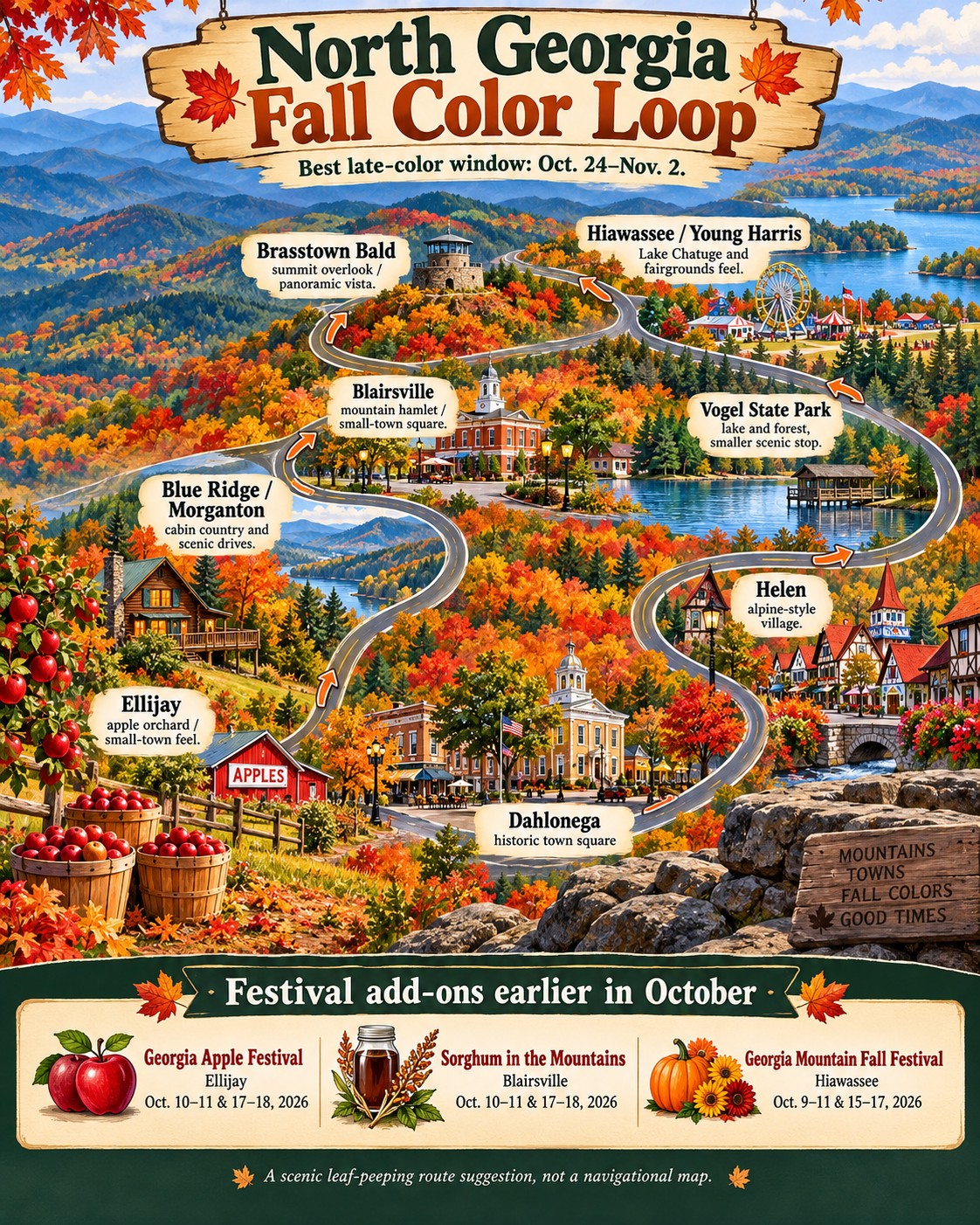 Illustrated North Georgia Fall Color Loop with stops at Ellijay, Blue Ridge, Blairsville, Brasstown Bald, Hiawassee, Vogel State Park, Helen, and Dahlonega